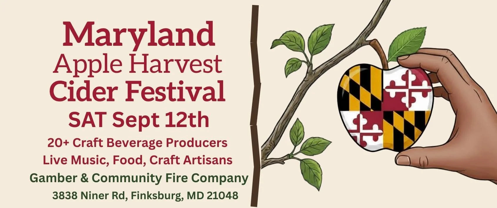 Promotional graphic for the Maryland Apple Harvest Cider Festival, featuring red text on a beige background, an illustration of an apple shaped like the Maryland state flag on a branch, and a hand holding the apple.