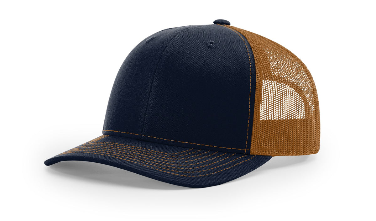 Navy and brown trucker cap on a white background, richardson 112.