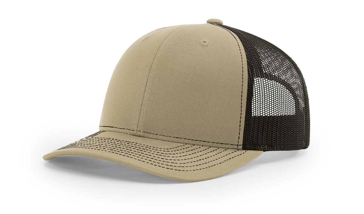 Beige and black trucker cap on a white background, richardson 112.