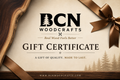 BCN Woodcrafts gift certificate design with a warm beige background, dark brown wood grain accents, a brown ribbon bow, and the text 'BCN WOODCRAFTS GIFT CERTIFICATE'.