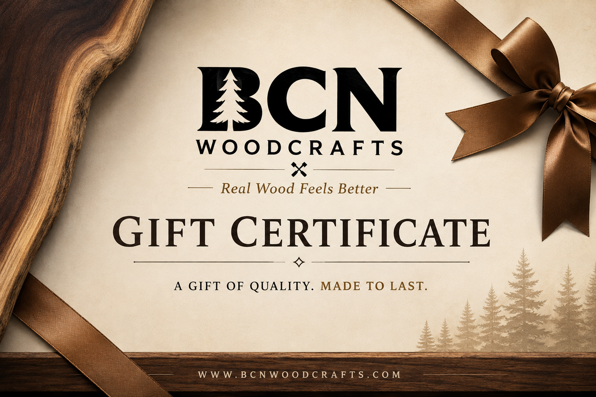 BCN Woodcrafts gift certificate design with a warm beige background, dark brown wood grain accents, a brown ribbon bow, and the text 'BCN WOODCRAFTS GIFT CERTIFICATE'.