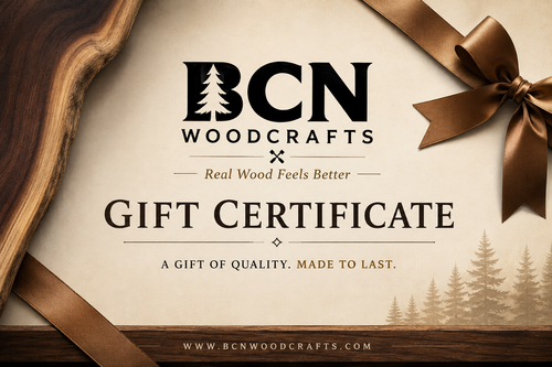BCN Woodcrafts gift certificate design with a warm beige background, dark brown wood grain accents, a brown ribbon bow, and the text 'BCN WOODCRAFTS GIFT CERTIFICATE'.