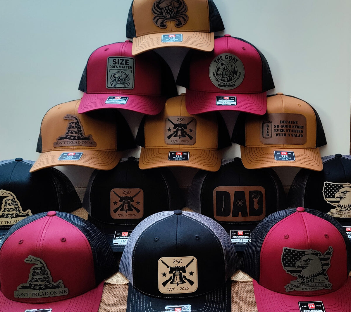 Richardson 112 Hats with Custom Laser Engraved Leatherette Patches