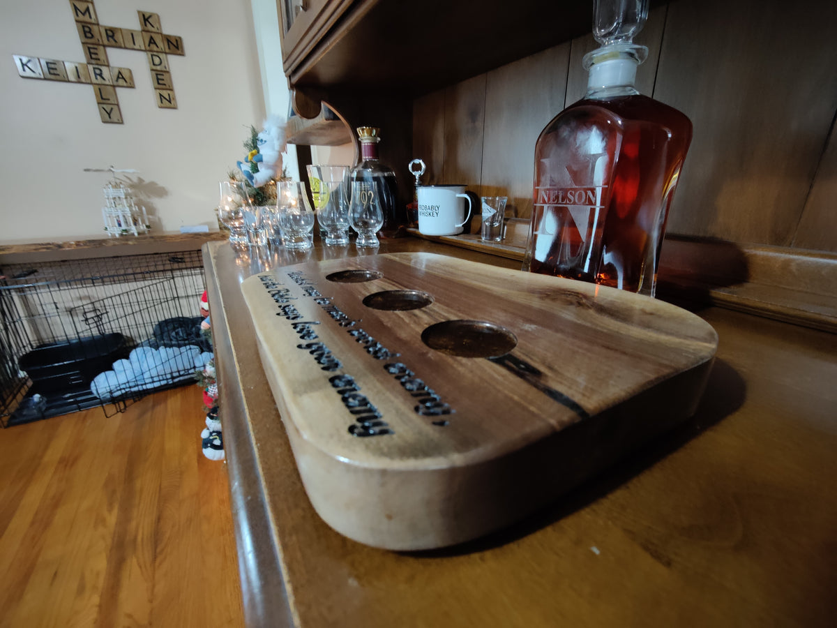 Black Walnut Whiskey Flight Set & Bottle Display | Handmade Bourbon Tasting Board