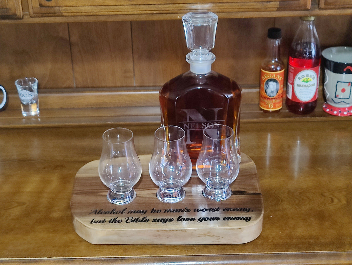 Black Walnut Whiskey Flight Set & Bottle Display | Handmade Bourbon Tasting Board