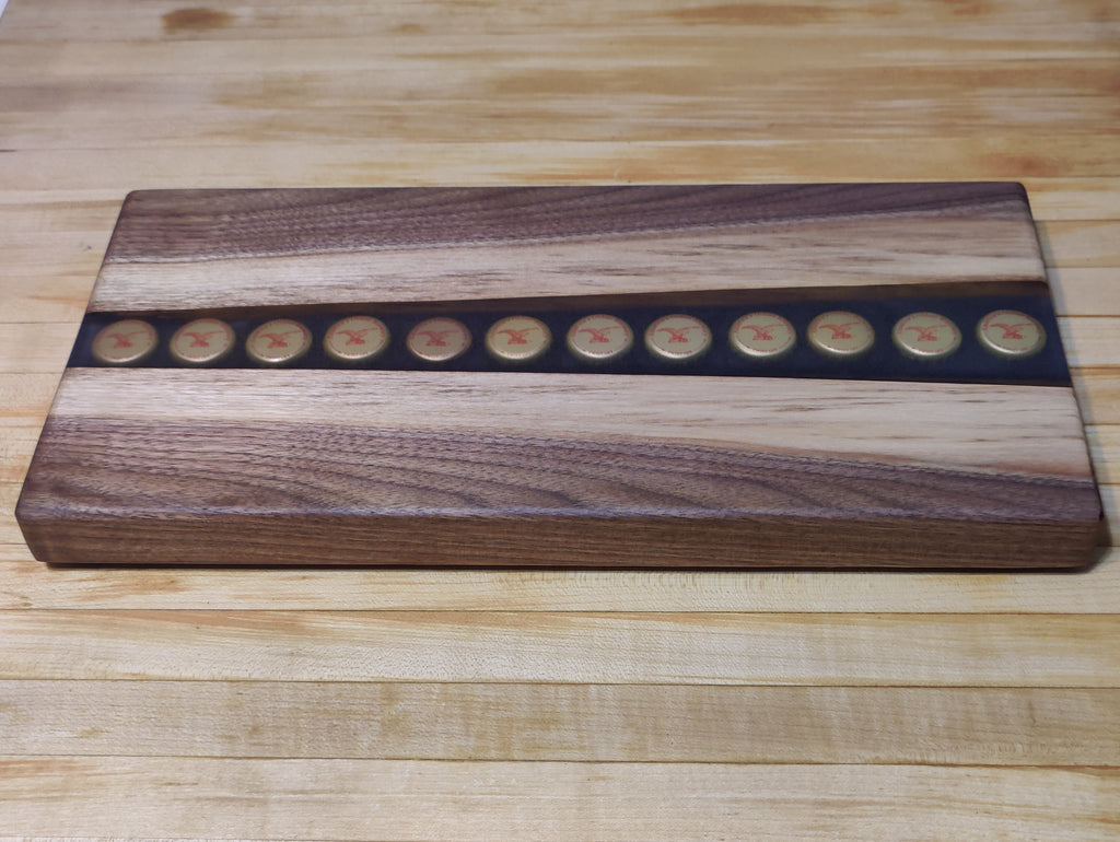 Black Walnut River Beer Tray, with imbedded Yuengling Bottle Caps in Resin River - Table Centerpiece