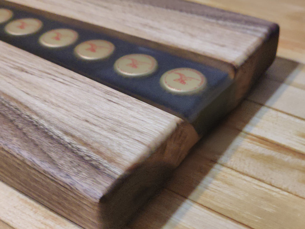 Black Walnut River Beer Tray, with imbedded Yuengling Bottle Caps in Resin River - Table Centerpiece