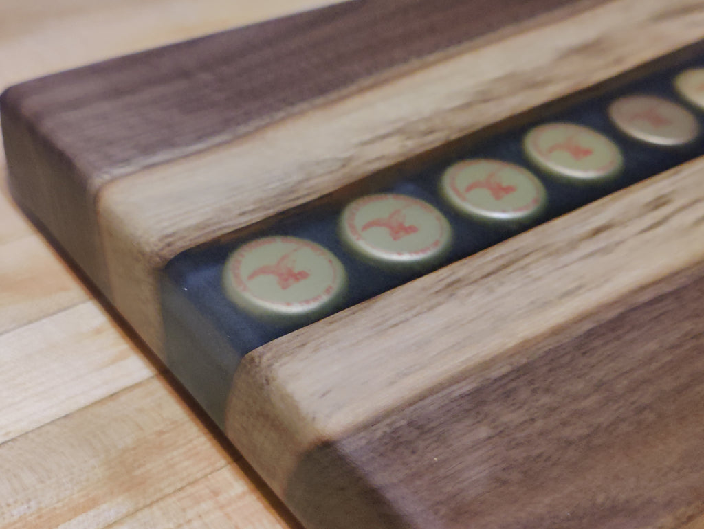 Black Walnut River Beer Tray, with imbedded Yuengling Bottle Caps in Resin River - Table Centerpiece