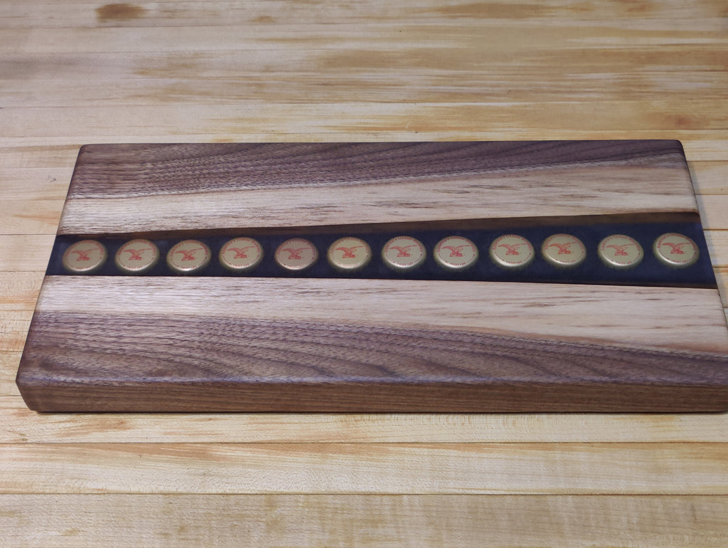 Black Walnut River Beer Tray, with imbedded Yuengling Bottle Caps in Resin River - Table Centerpiece