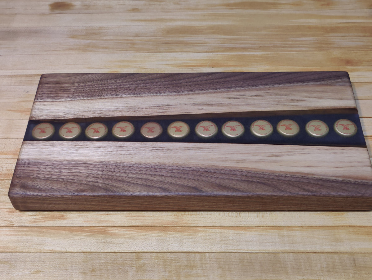 Black Walnut River Beer Tray, with imbedded Yuengling Bottle Caps in Resin River - Table Centerpiece