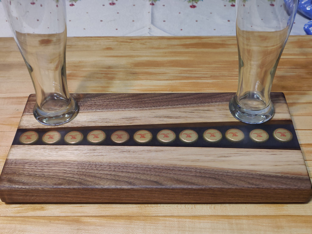 Black Walnut River Beer Tray, with imbedded Yuengling Bottle Caps in Resin River - Table Centerpiece