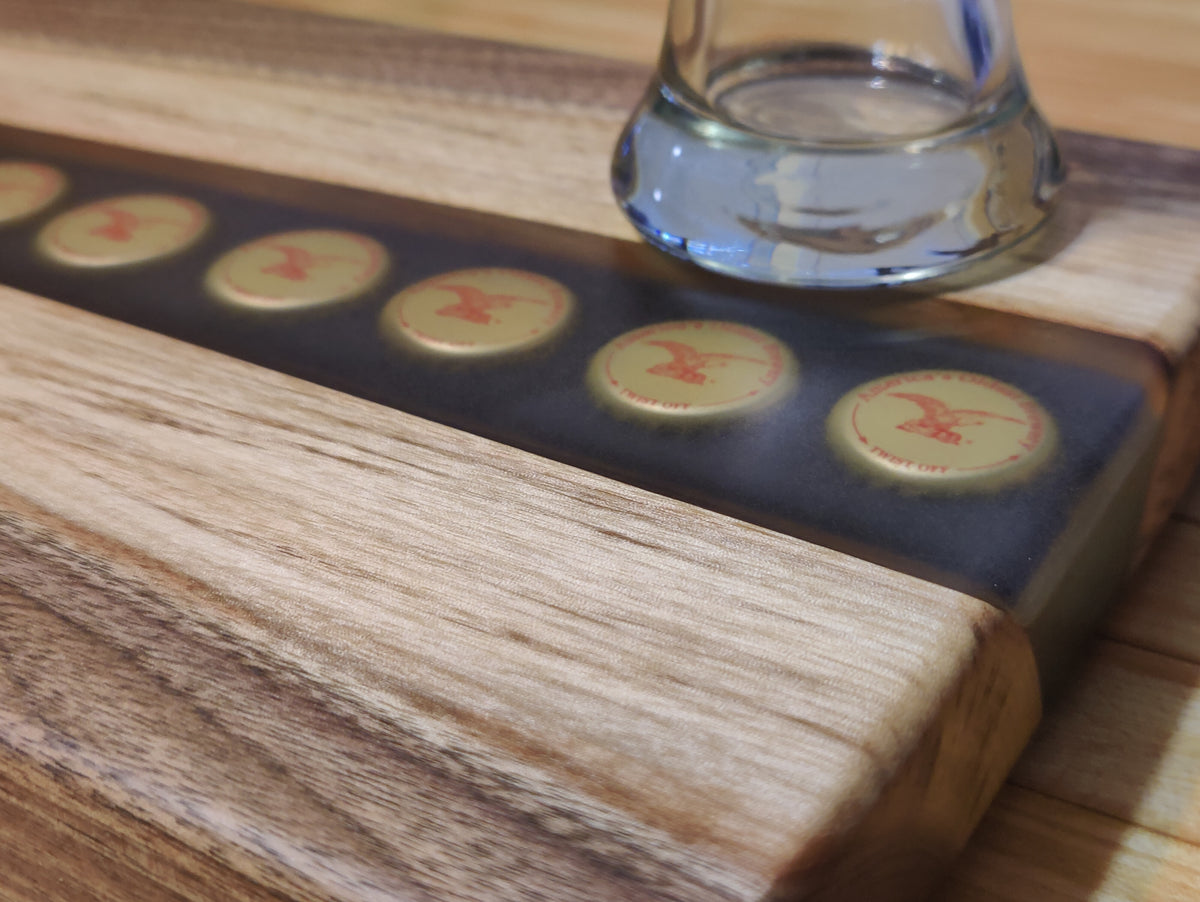 Black Walnut River Beer Tray, with imbedded Yuengling Bottle Caps in Resin River - Table Centerpiece