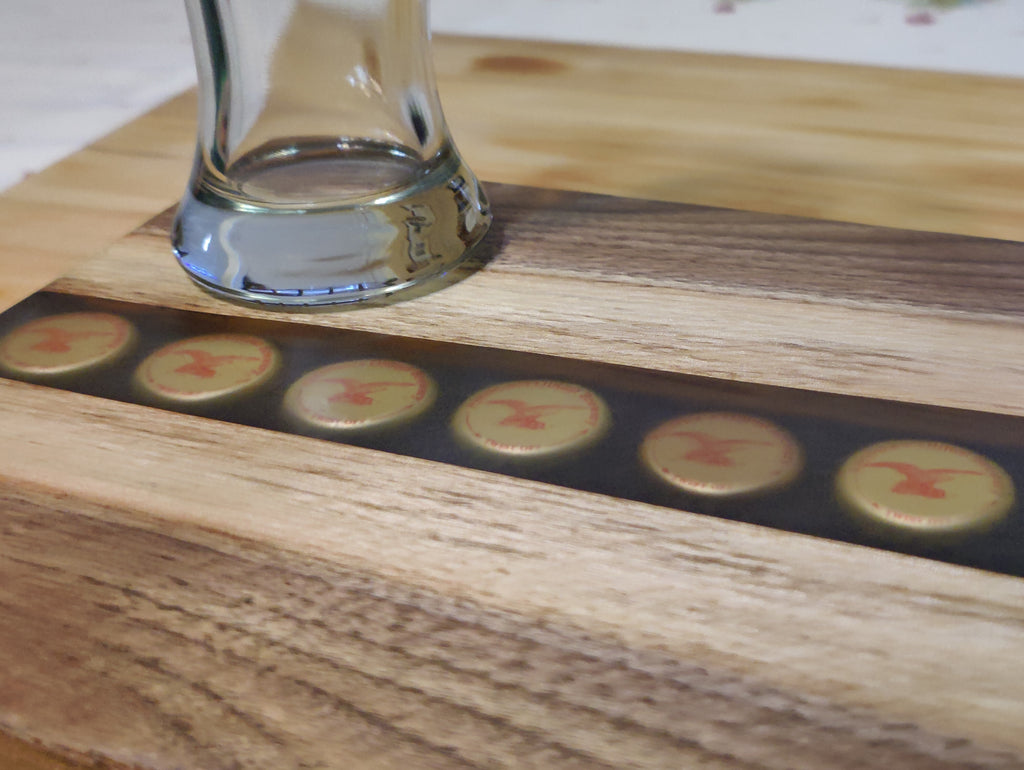 Black Walnut River Beer Tray, with imbedded Yuengling Bottle Caps in Resin River - Table Centerpiece
