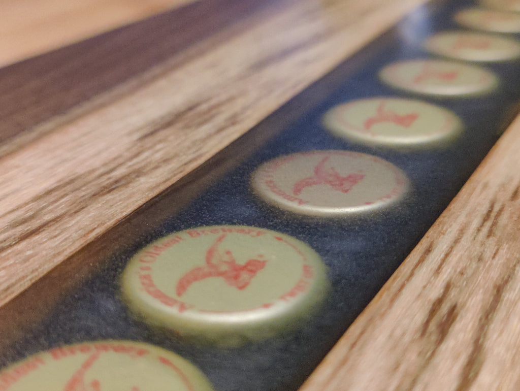 Black Walnut River Beer Tray, with imbedded Yuengling Bottle Caps in Resin River - Table Centerpiece