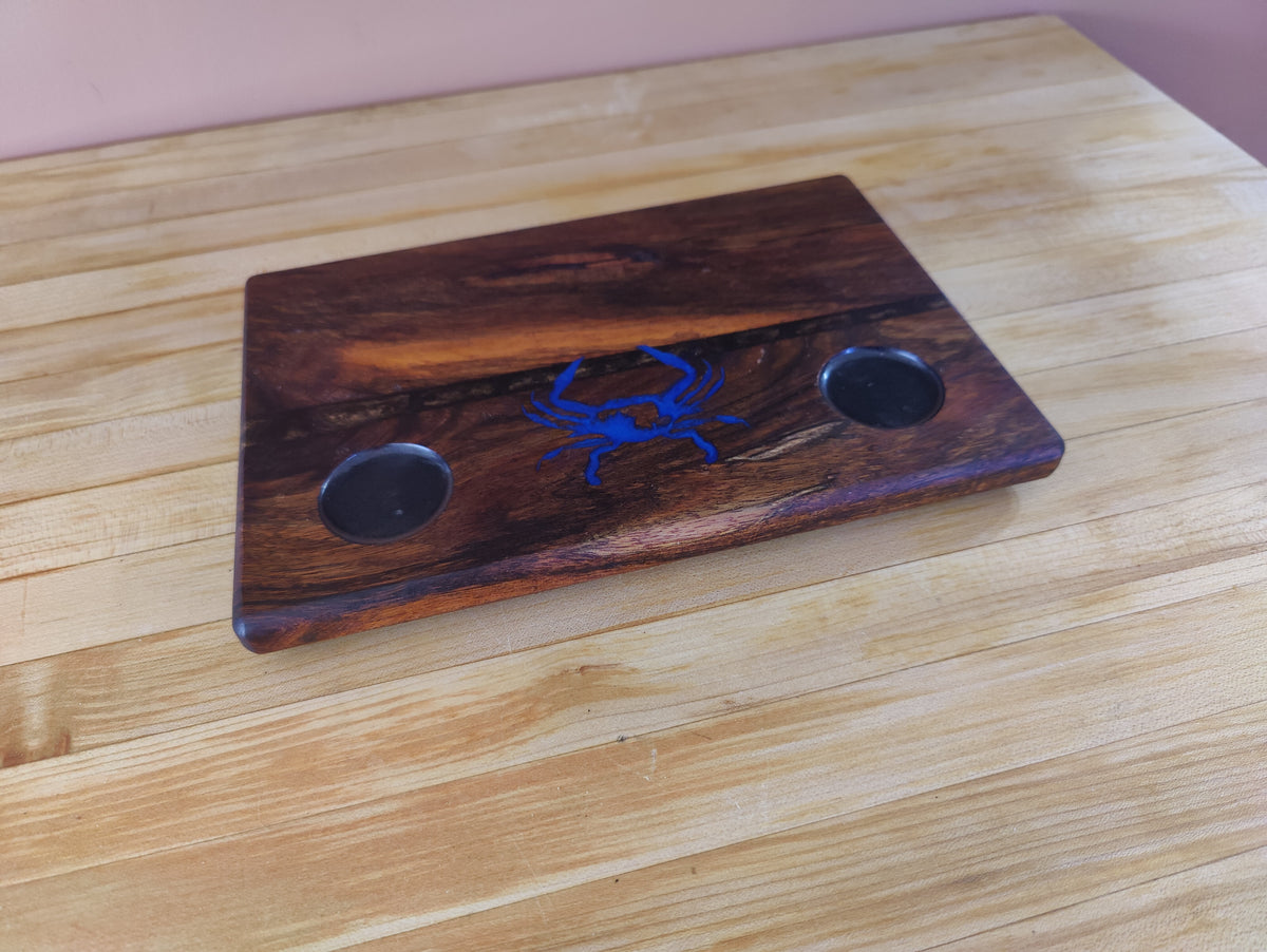 Shot Glass Display and Flight, Bottle Display, Carved Maryland Blue Crab, with Small Resin River Solid Shedua