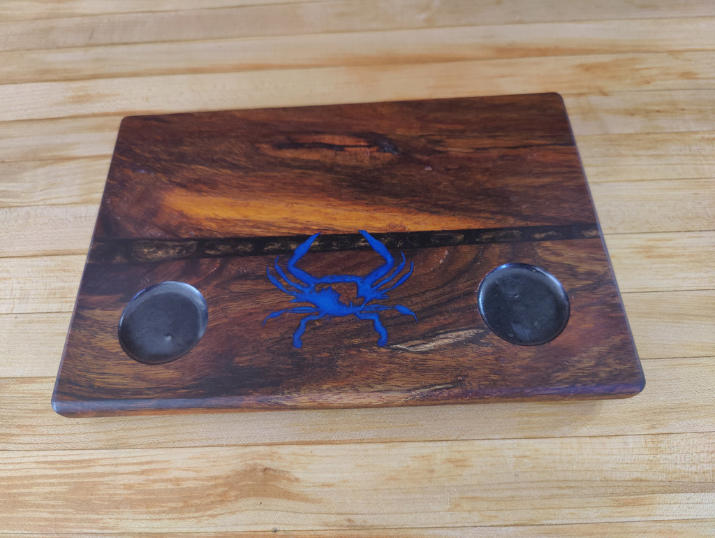 Shot Glass Display and Flight, Bottle Display, Carved Maryland Blue Crab, with Small Resin River Solid Shedua