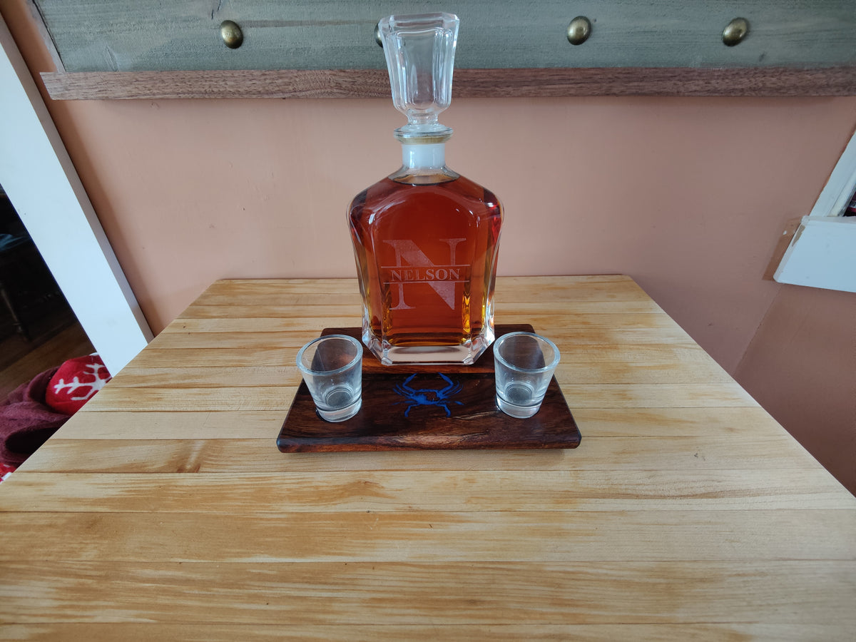 Shot Glass Display and Flight, Bottle Display, Carved Maryland Blue Crab, with Small Resin River Solid Shedua