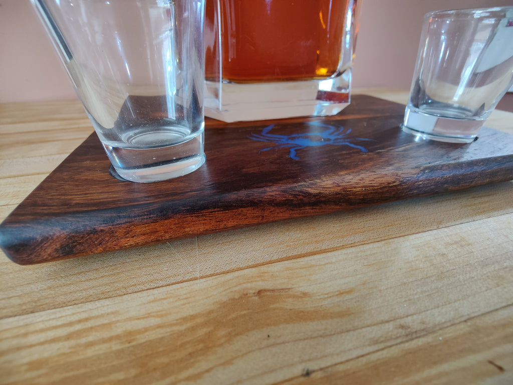 Shot Glass Display and Flight, Bottle Display, Carved Maryland Blue Crab, with Small Resin River Solid Shedua