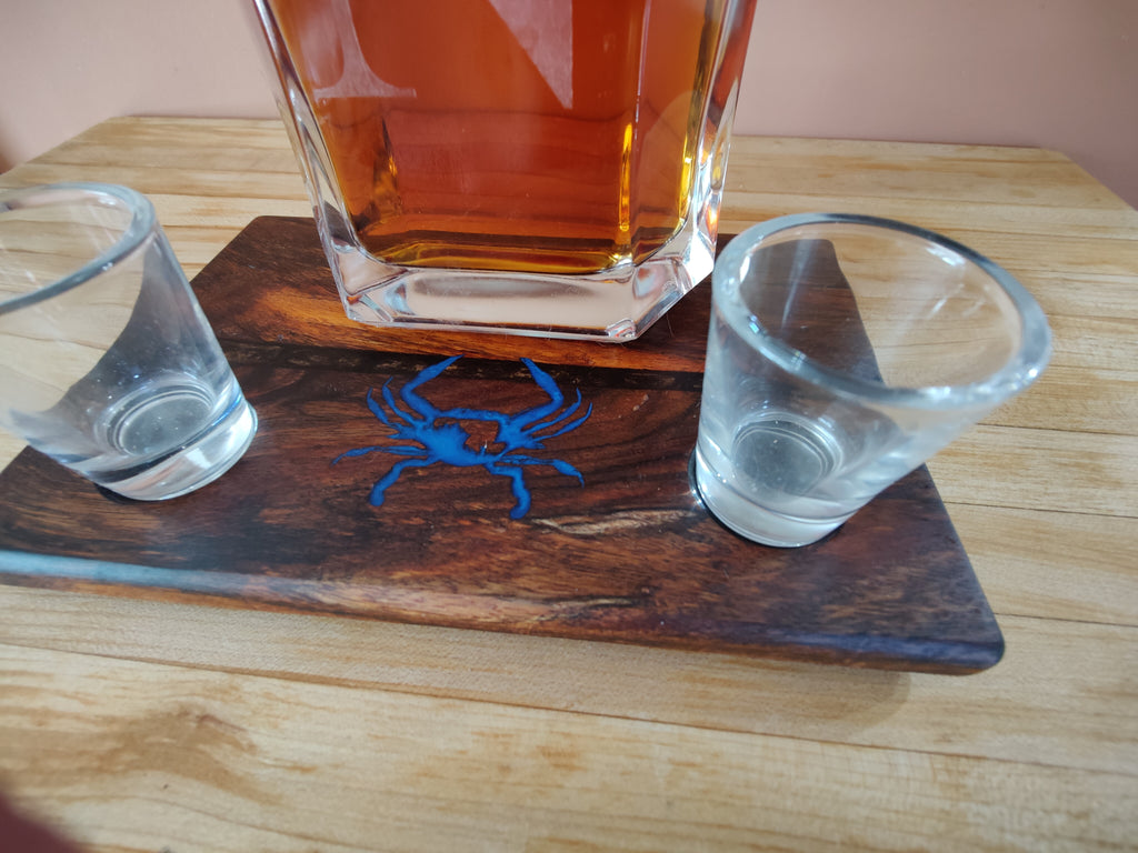 Shot Glass Display and Flight, Bottle Display, Carved Maryland Blue Crab, with Small Resin River Solid Shedua
