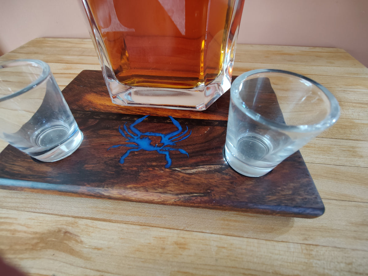 Shot Glass Display and Flight, Bottle Display, Carved Maryland Blue Crab, with Small Resin River Solid Shedua