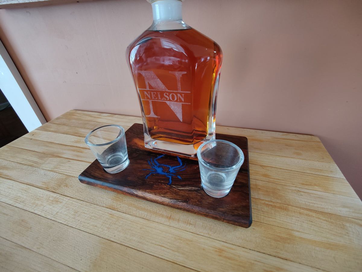 Shot Glass Display and Flight, Bottle Display, Carved Maryland Blue Crab, with Small Resin River Solid Shedua