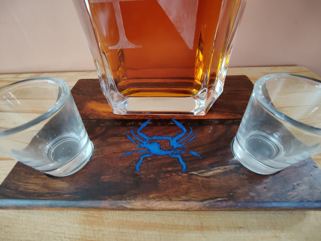 Shot Glass Display and Flight, Bottle Display, Carved Maryland Blue Crab, with Small Resin River Solid Shedua