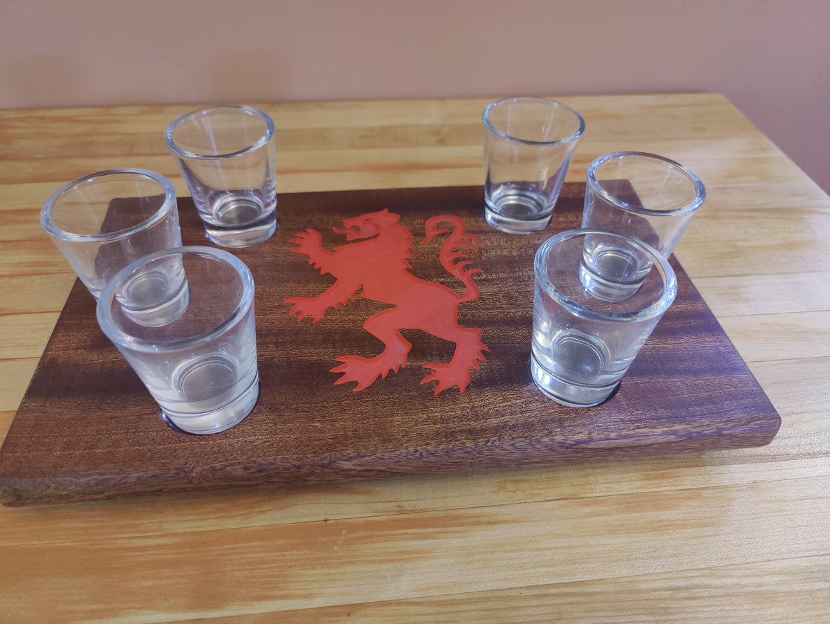 Engraved Rampant Lion Tasting Flight, sized for Shot Glasses
