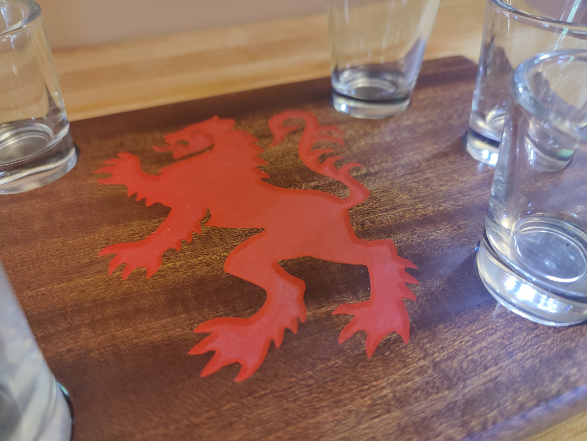 Engraved Rampant Lion Tasting Flight, sized for Shot Glasses
