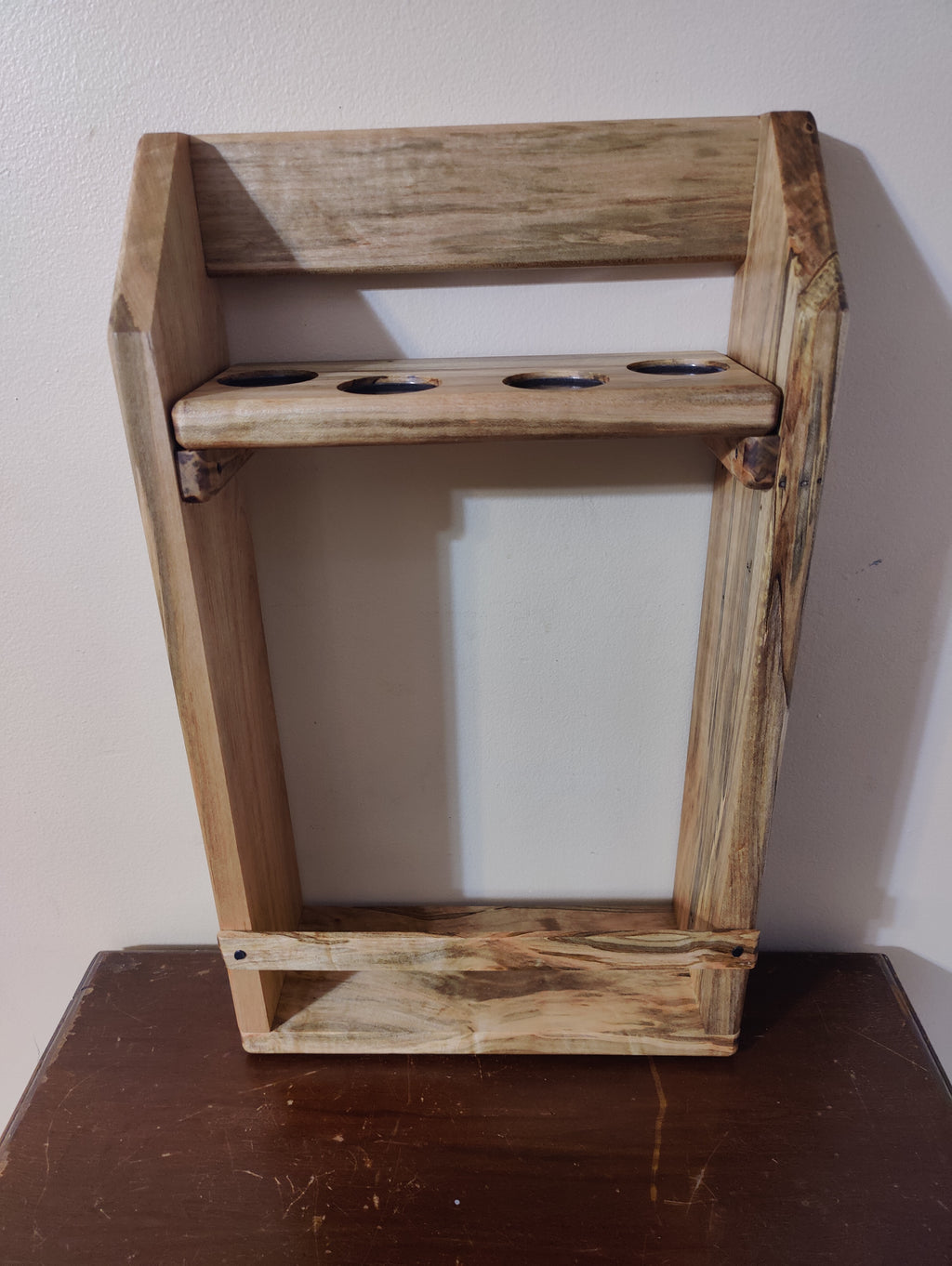 Wall Mounted Bar Shelf, Whiskey Tasting Flight, Glencairn and Barbary Glass Holder, Solid Wormy Maple Liquor Cabinet