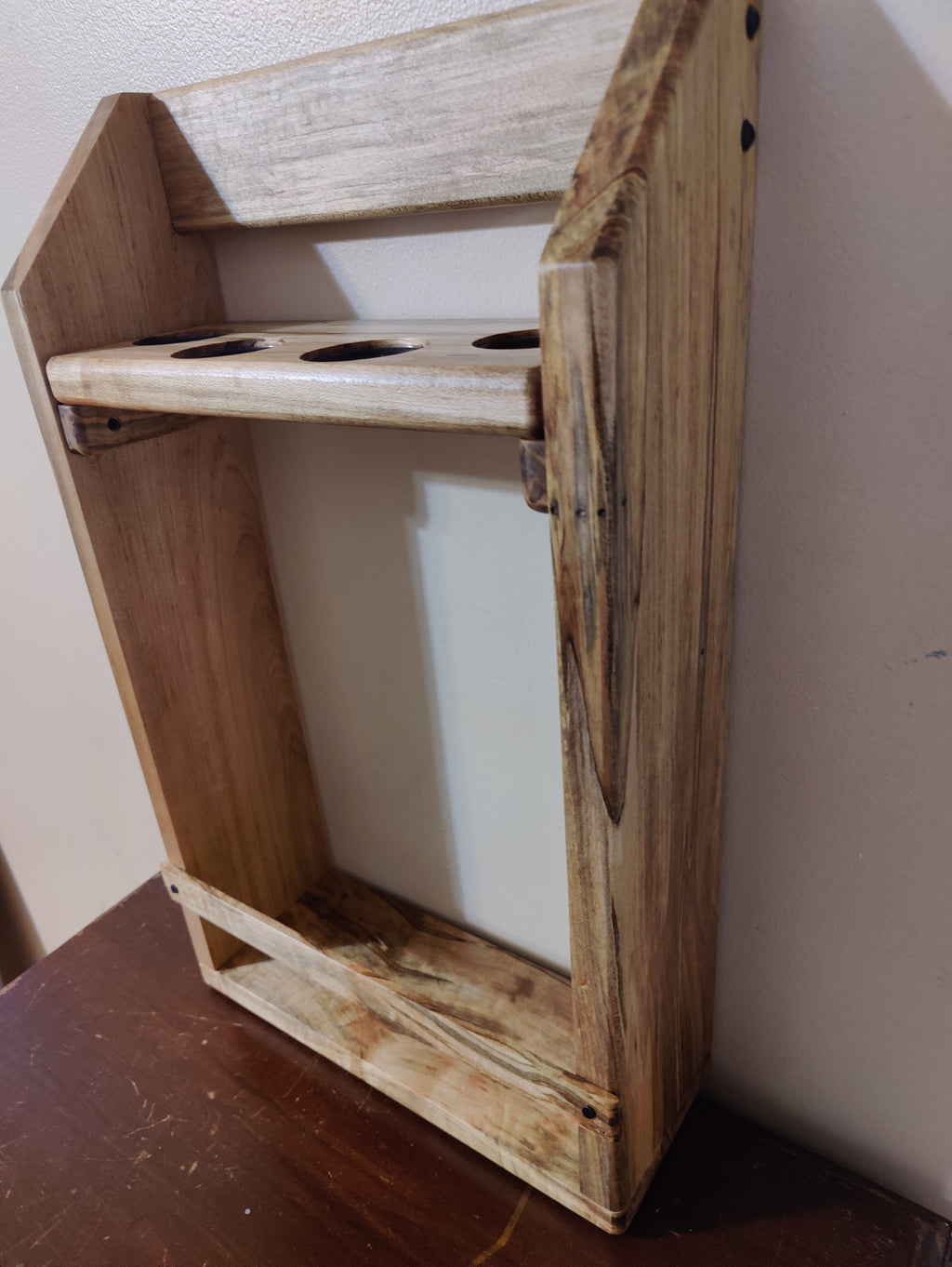 Wall Mounted Bar Shelf, Whiskey Tasting Flight, Glencairn and Barbary Glass Holder, Solid Wormy Maple Liquor Cabinet