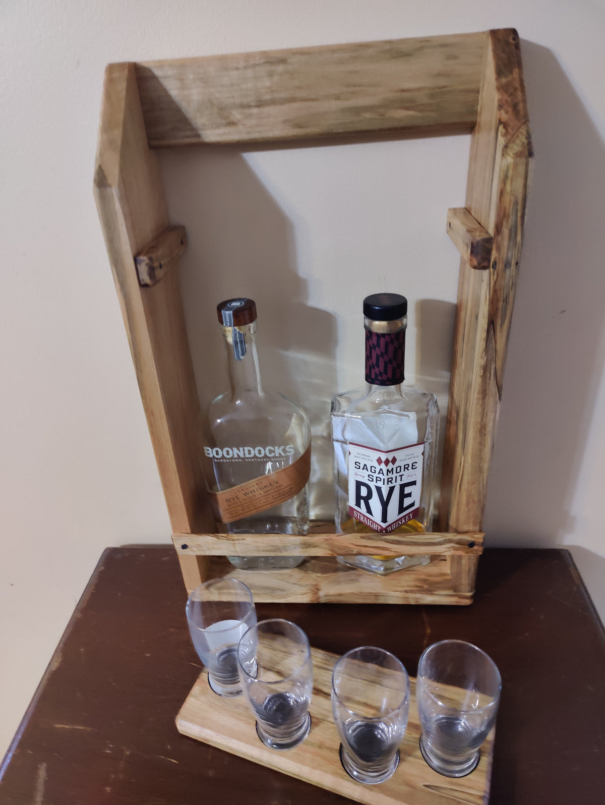 Wall Mounted Bar Shelf, Whiskey Tasting Flight, Glencairn and Barbary Glass Holder, Solid Wormy Maple Liquor Cabinet
