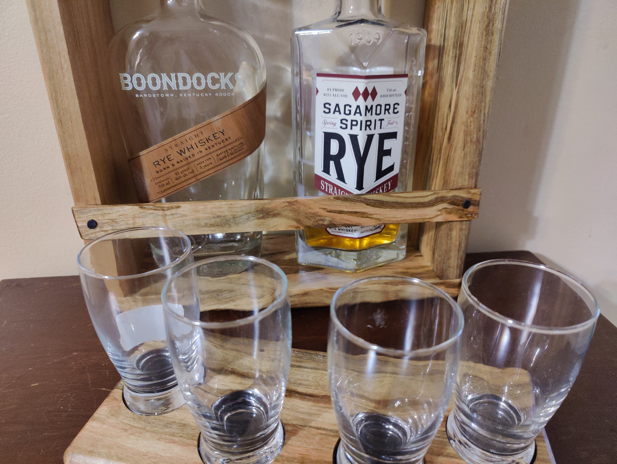 Wall Mounted Bar Shelf, Whiskey Tasting Flight, Glencairn and Barbary Glass Holder, Solid Wormy Maple Liquor Cabinet