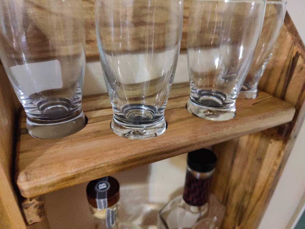Wall Mounted Bar Shelf, Whiskey Tasting Flight, Glencairn and Barbary Glass Holder, Solid Wormy Maple Liquor Cabinet
