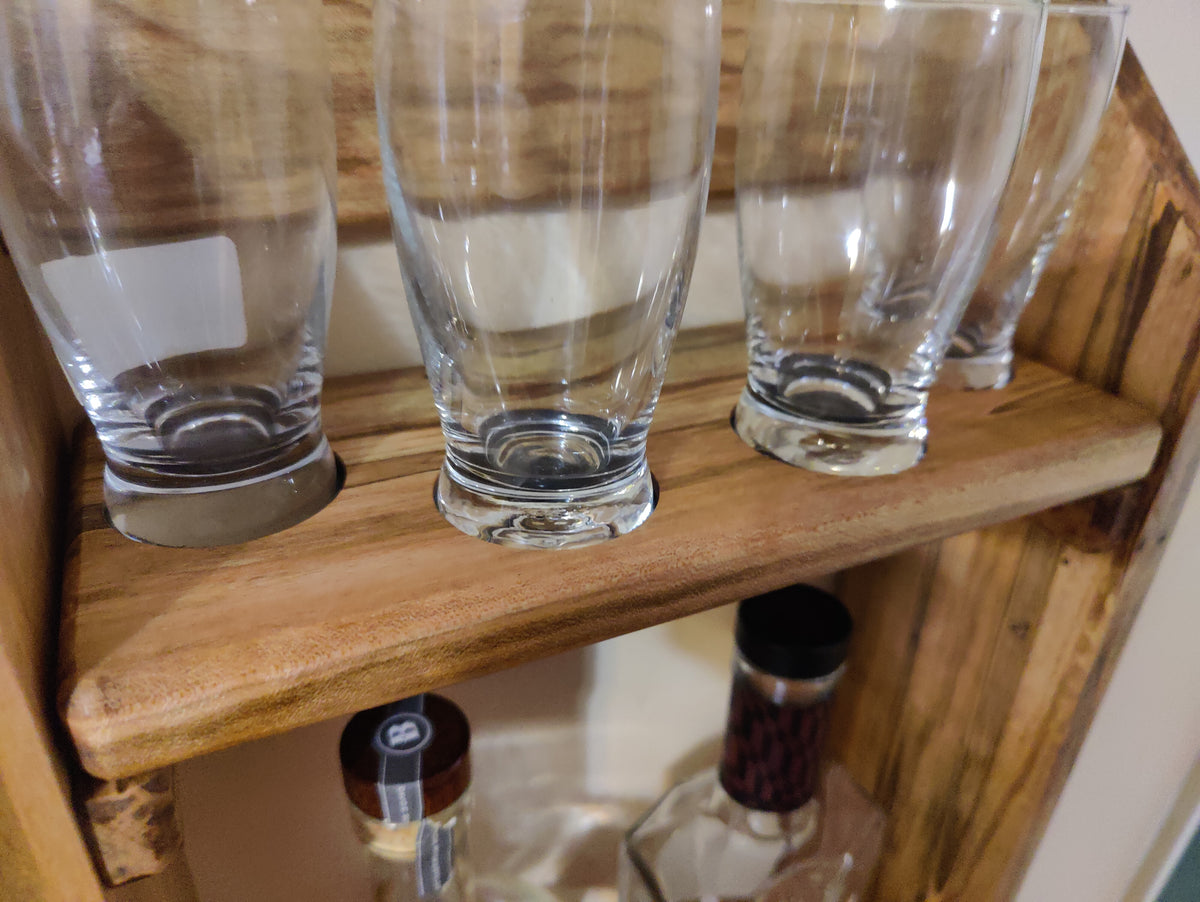 Wall Mounted Bar Shelf, Whiskey Tasting Flight, Glencairn and Barbary Glass Holder, Solid Wormy Maple Liquor Cabinet