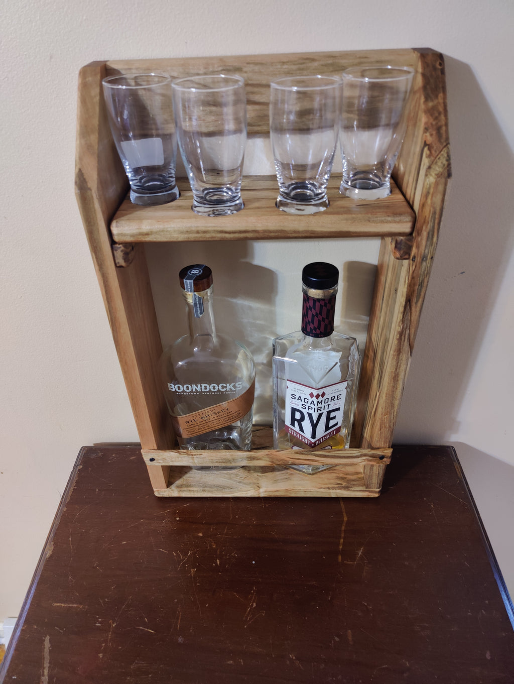 Wall Mounted Bar Shelf, Whiskey Tasting Flight, Glencairn and Barbary Glass Holder, Solid Wormy Maple Liquor Cabinet