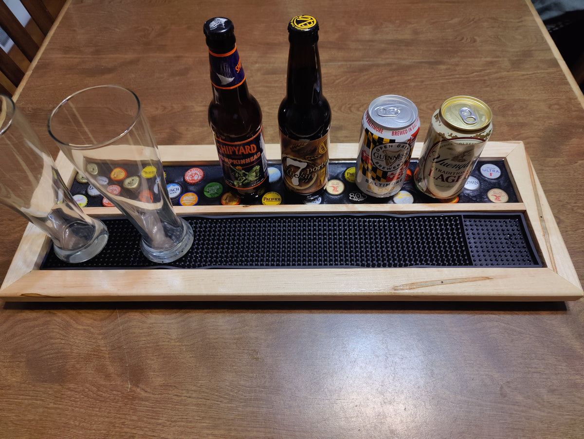 Resin-Encased Beer Cap Bar Rail Tray with Non-Slip Mat - Showcase Glasses and Bottles in Style