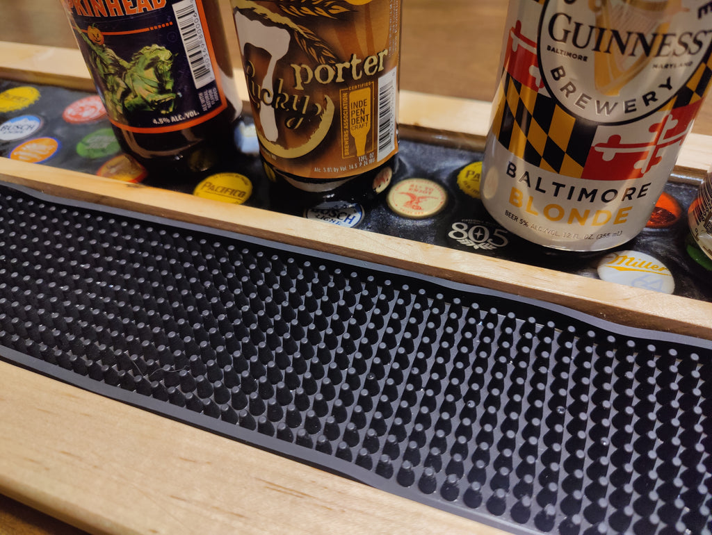 Resin-Encased Beer Cap Bar Rail Tray with Non-Slip Mat - Showcase Glasses and Bottles in Style