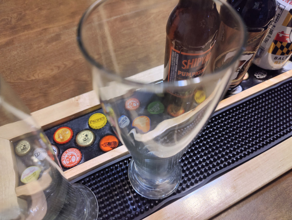 Resin-Encased Beer Cap Bar Rail Tray with Non-Slip Mat - Showcase Glasses and Bottles in Style