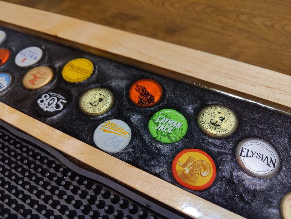 Resin-Encased Beer Cap Bar Rail Tray with Non-Slip Mat - Showcase Glasses and Bottles in Style