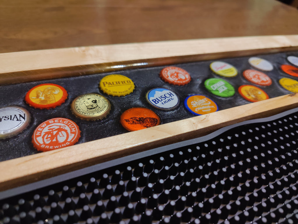 Resin-Encased Beer Cap Bar Rail Tray with Non-Slip Mat - Showcase Glasses and Bottles in Style