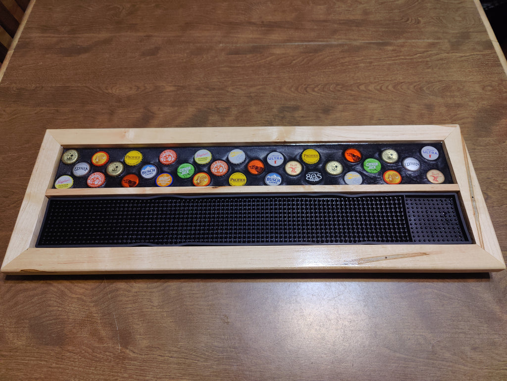 Resin-Encased Beer Cap Bar Rail Tray with Non-Slip Mat - Showcase Glasses and Bottles in Style
