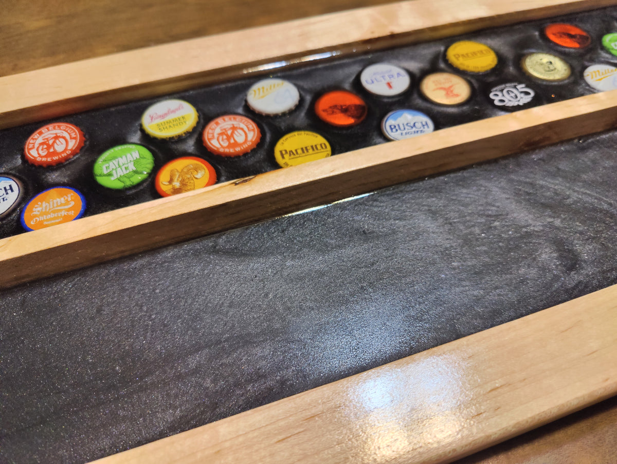 Resin-Encased Beer Cap Bar Rail Tray with Non-Slip Mat - Showcase Glasses and Bottles in Style