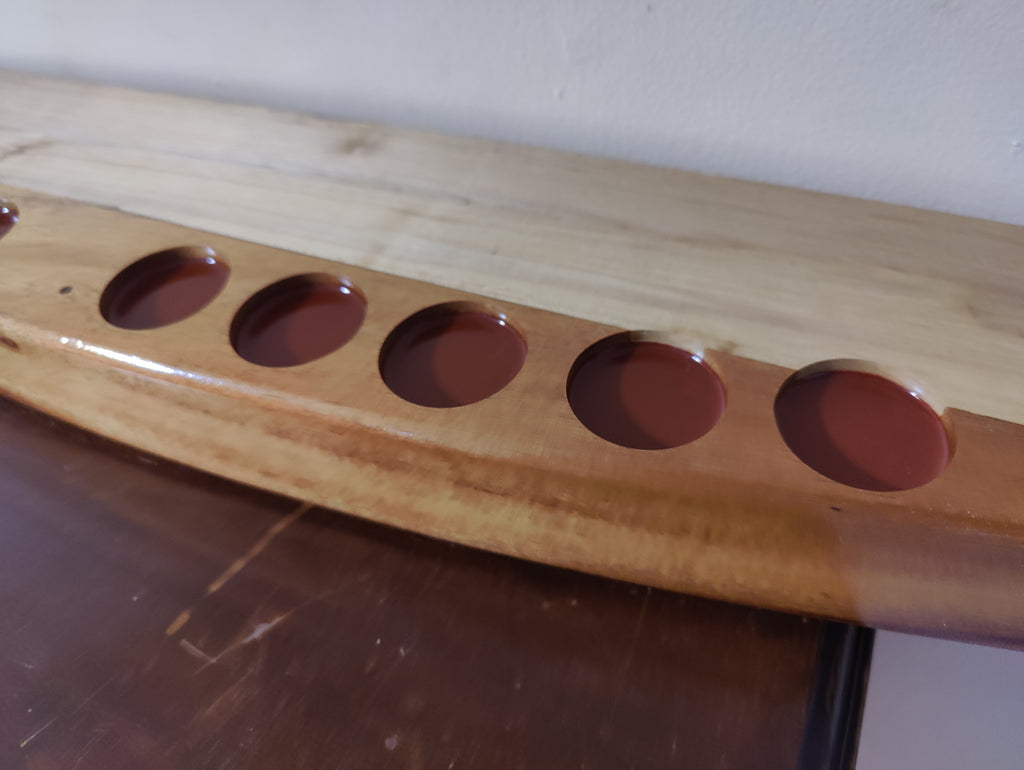 Handcrafted Bow Front Shot Glass  Bottle Display Shelf Holds 10 Glasses  5 Bottles Made from Hawaiian Koa