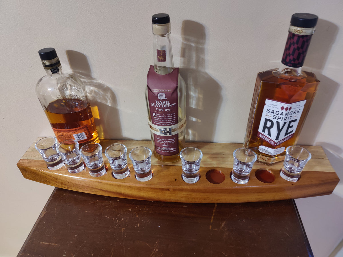 Handcrafted Bow Front Shot Glass  Bottle Display Shelf Holds 10 Glasses  5 Bottles Made from Hawaiian Koa