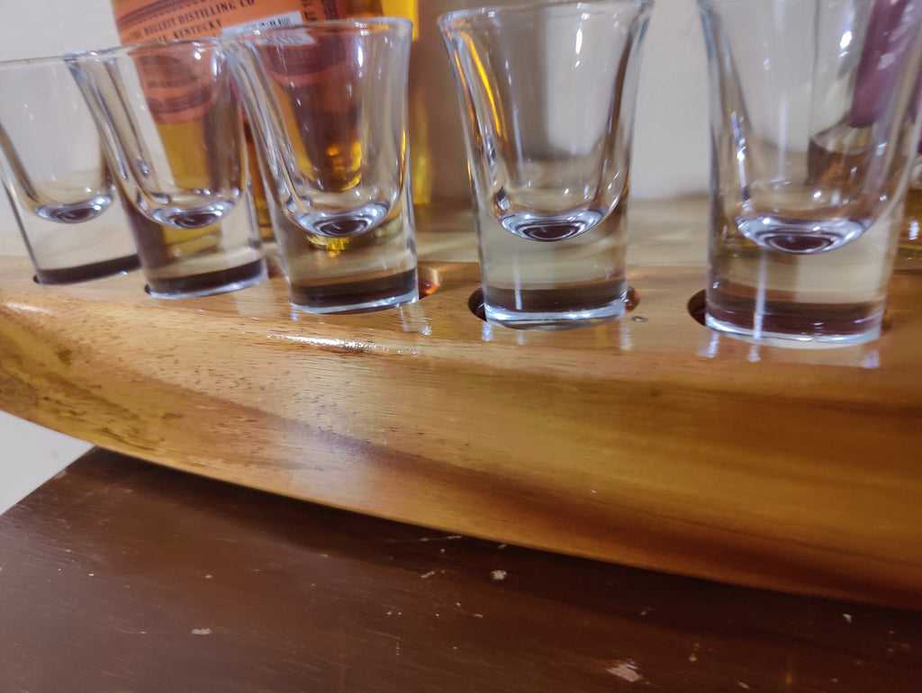 Handcrafted Bow Front Shot Glass  Bottle Display Shelf Holds 10 Glasses  5 Bottles Made from Hawaiian Koa