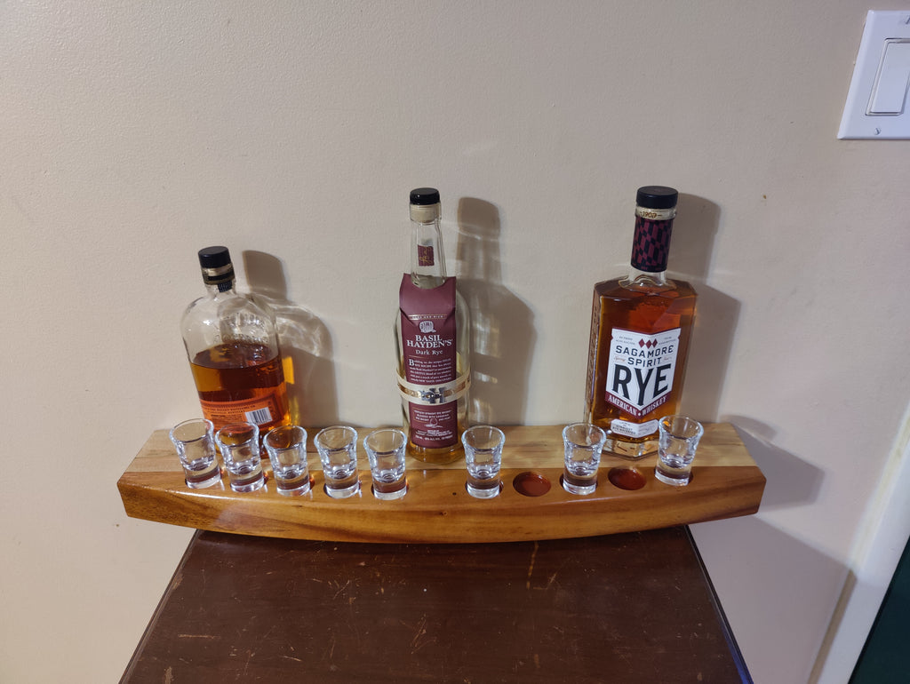 Handcrafted Bow Front Shot Glass  Bottle Display Shelf Holds 10 Glasses  5 Bottles Made from Hawaiian Koa
