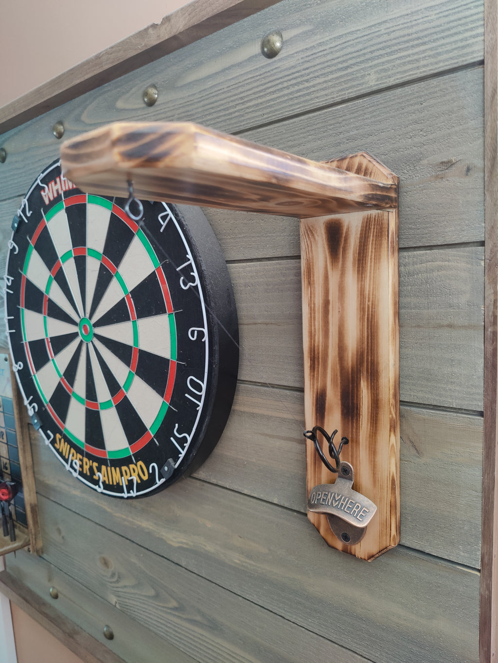 Wall Mounted  Hook and Ring Game,  with bottle opener and holder for your can or bottle, expertly crafted from solid wood