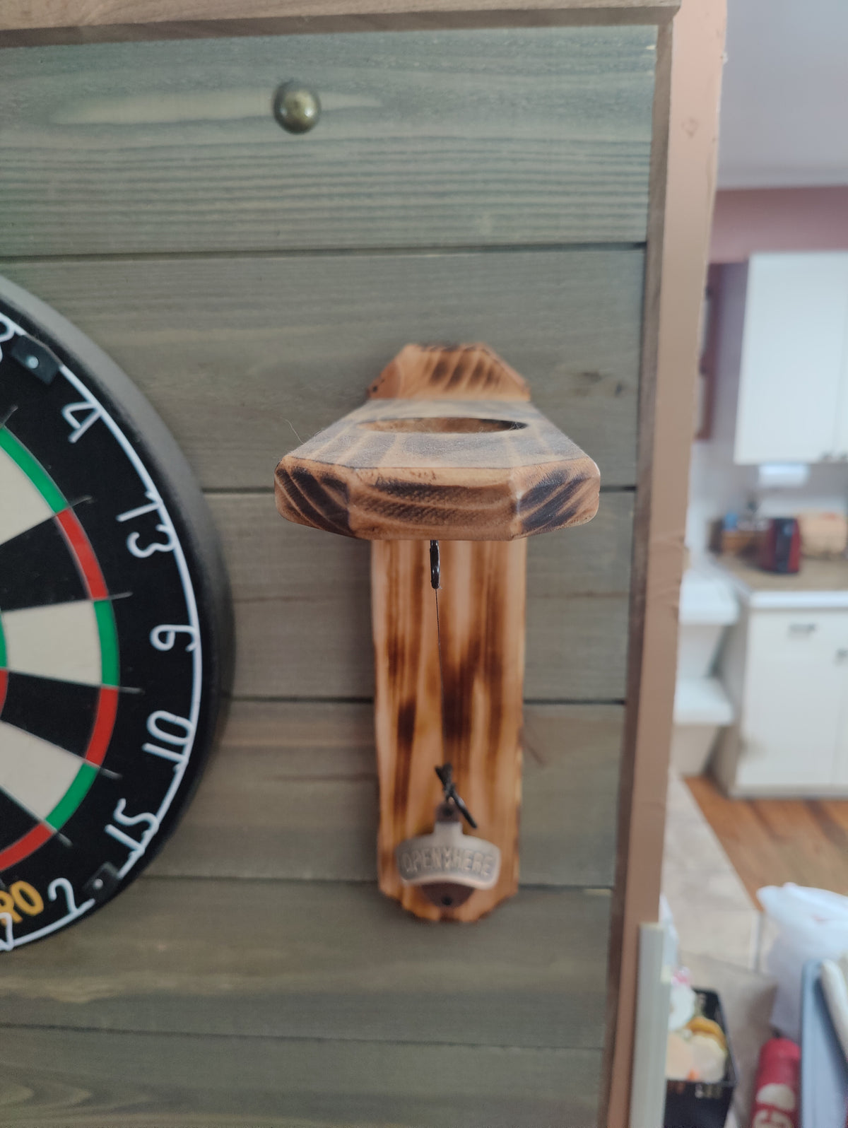 Wall Mounted  Hook and Ring Game,  with bottle opener and holder for your can or bottle, expertly crafted from solid wood