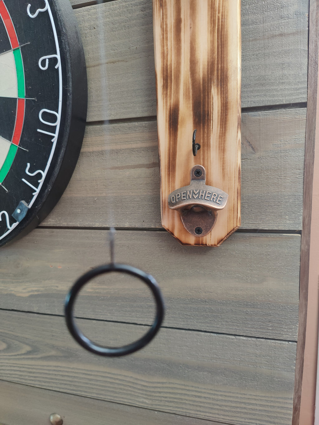 Wall Mounted  Hook and Ring Game,  with bottle opener and holder for your can or bottle, expertly crafted from solid wood