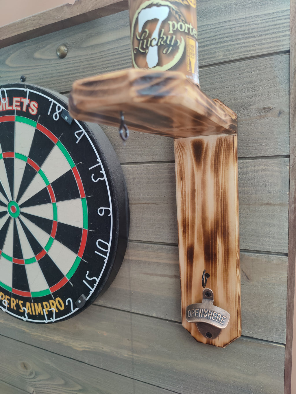Wall Mounted  Hook and Ring Game,  with bottle opener and holder for your can or bottle, expertly crafted from solid wood